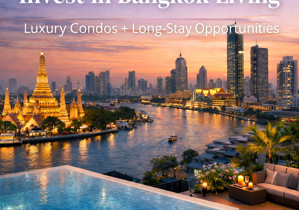 Luxury Bangkok riverside condo view at sunset with skyline and Chao Phraya River representing Thailand property investment and long-stay lifestyle