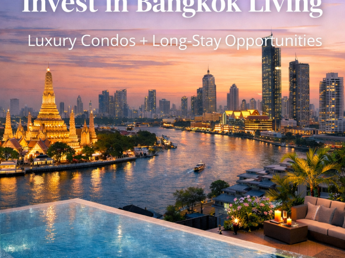 Luxury Bangkok riverside condo view at sunset with skyline and Chao Phraya River representing Thailand property investment and long-stay lifestyle